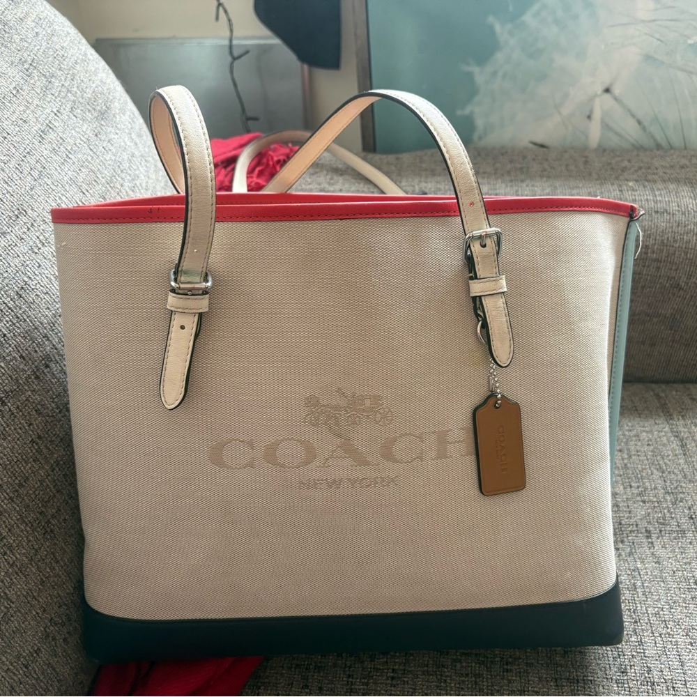 Coach Beige Tote with Red Trim